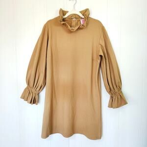 Elizabeth Wilson Ruffle Neck Shift Dress Tan Mod Minimalist L